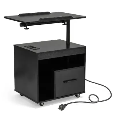 Set de 2 mese noptieră cu role LED dulap de noapte cu staţie de încărcare tabletop înclinată & prize negre
