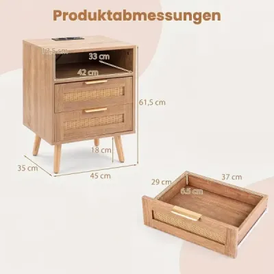 Nachttisch mit Ladestation & LED-Leuchten mit 2 Schubladen Beistelltisch mit Rattan-Optik Natur