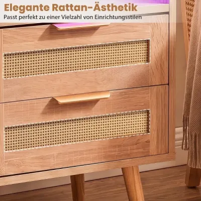 Nachttisch mit Ladestation & LED-Leuchten mit 2 Schubladen Beistelltisch mit Rattan-Optik Natur