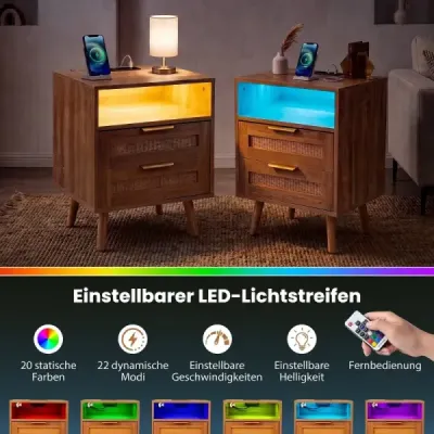 Nachttisch mit Ladestation & LED-Leuchten mit 2 Schubladen Beistelltisch mit Rattan-Optik Natur