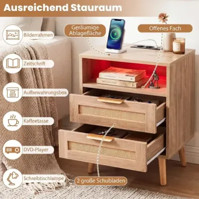 Nachttisch mit Ladestation & LED-Leuchten mit 2 Schubladen Beistelltisch mit Rattan-Optik Natur