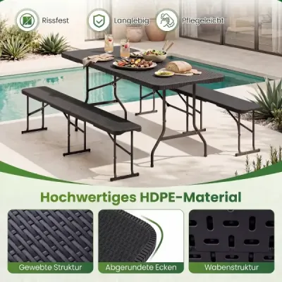 Klappbarer Gartentisch + 2er Set Klappbare Bierbank Schwarz