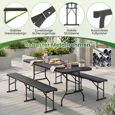 Klappbarer Gartentisch + 2er Set Klappbare Bierbank Schwarz