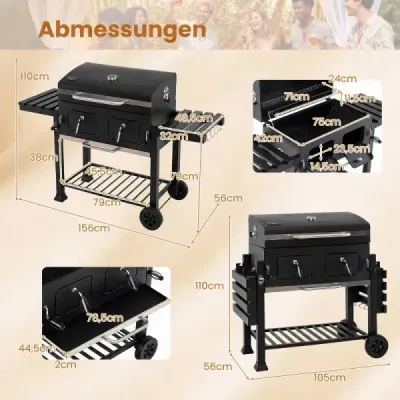 Grătar de cărbune cu capac vagoane Grill cu roți & capotă Grill cu termometru capac