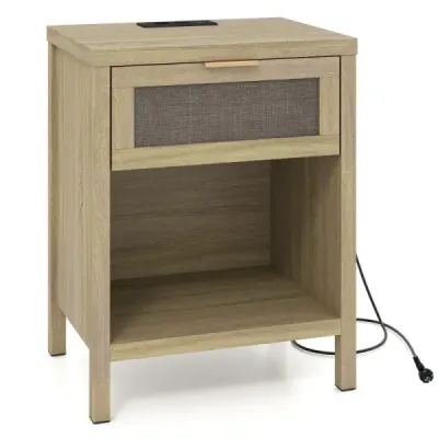 Nachttisch Holz mit Schublade Ladestation Rattanfront & Kippschutz-Set 50 x 38 x 64,5 cm Natur