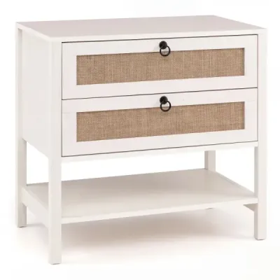 Nachttisch mit 2 Schubladen Offenem Regal & Rattan-Fronten 68 x 40 x 65 cm Weiß