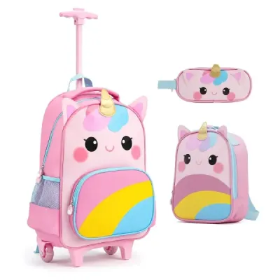 Einhorn Kinder Schulrucksack mit Rollen 3-teiliges Rollrucksack Set Einhorn Mehrfarbig S
