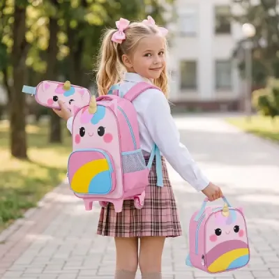 Einhorn Kinder Schulrucksack mit Rollen 3-teiliges Rollrucksack Set Einhorn Mehrfarbig S