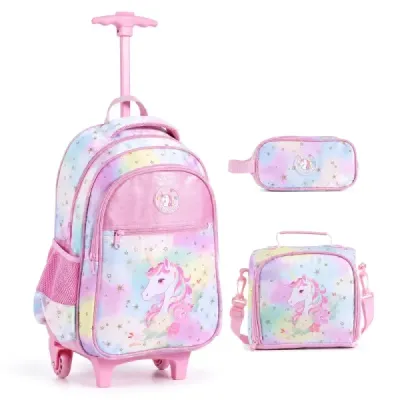 Einhorn Kinder Schulrucksack mit Rollen 3-teiliges Rollrucksack Set Einhorn Mehrfarbig M