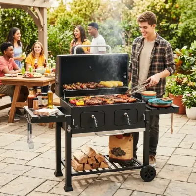 Grătar de cărbune cu capac vagoane Grill cu roți & capotă Grill cu termometru capac