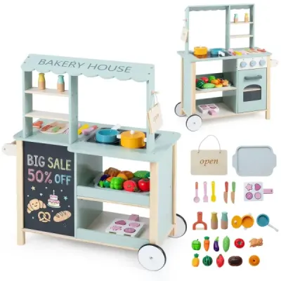 Kinderküche aus Holz Spielküche mit Schiebegriff Spielzeugherd und Rädern für Kinder ab 3 Jahren