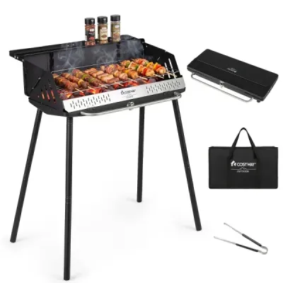 Grătar de cărbune portabil de 3 ori înălțime-adjustabil grătar camping cu 2 trepte grill cadru de metal