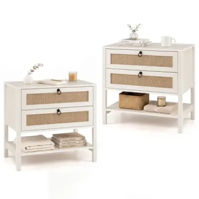 2er Set Nachttisch mit 2 Schubladen Offenem Regal & Rattan-Fronten 68 x 40 x 65 cm Weiß