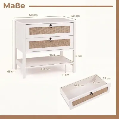 2er Set Nachttisch mit 2 Schubladen Offenem Regal & Rattan-Fronten 68 x 40 x 65 cm Weiß