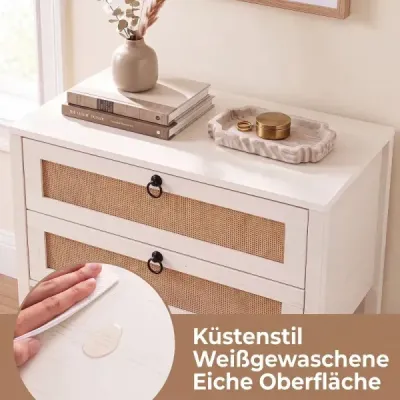 2er Set Nachttisch mit 2 Schubladen Offenem Regal & Rattan-Fronten 68 x 40 x 65 cm Weiß