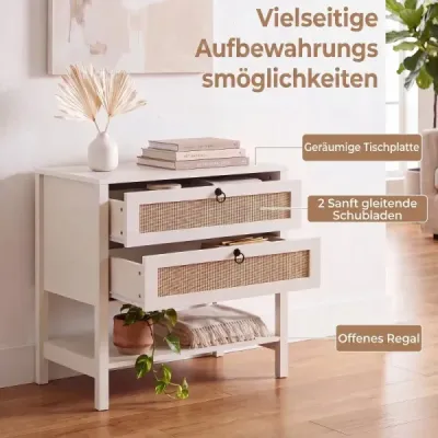 2er Set Nachttisch mit 2 Schubladen Offenem Regal & Rattan-Fronten 68 x 40 x 65 cm Weiß