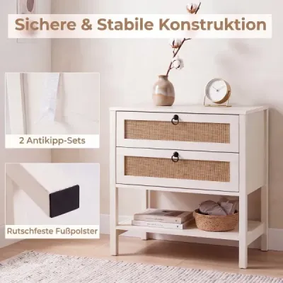 2er Set Nachttisch mit 2 Schubladen Offenem Regal & Rattan-Fronten 68 x 40 x 65 cm Weiß