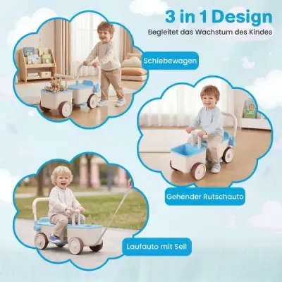 3 in 1 Kinderwagen mit Rollen Schiebe-Zieh-Lauflernwagen mit Stauraum & Klappbarem Griff Blau