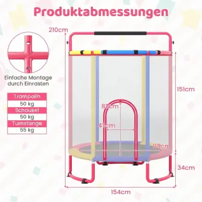 Trampolină pentru copii 154 cm 6 în 1 trambulină pentru copii cu leagăn de gimnastică & inele multicolore