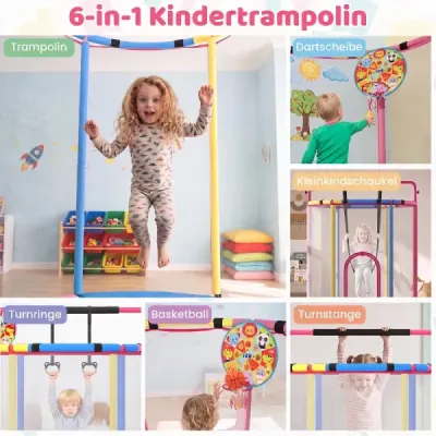 Trampolină pentru copii 154 cm 6 în 1 trambulină pentru copii cu leagăn de gimnastică & inele multicolore