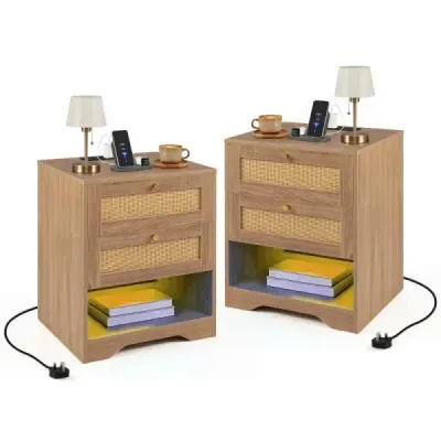 2er Set Nachttisch mit LED-Lichtern und Ladestation Beistelltisch Ratten mit Offenem Fach