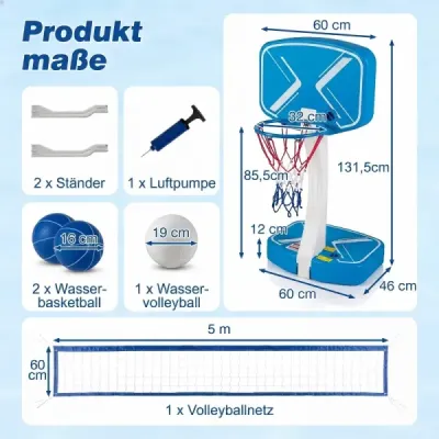2-in-1 Pool Basketballkorb & Volleyballnetz Poolspielzeug mit Breiten Befüllbaren Standfüßen