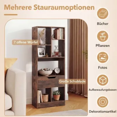 Bücherregal mit 7 Fächern & Schublade Bücherschrank mit Rutschfesten Fußkappen Rustikalbraun