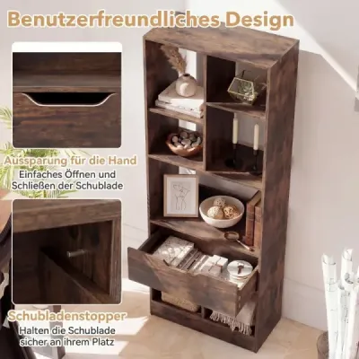 Bücherregal mit 7 Fächern & Schublade Bücherschrank mit Rutschfesten Fußkappen Rustikalbraun