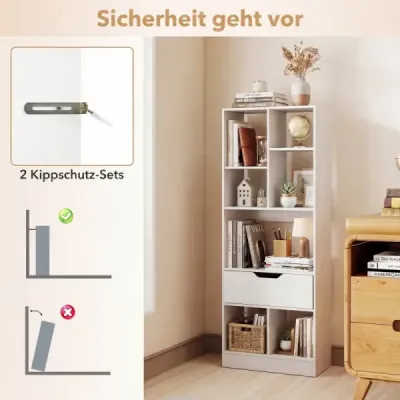 Bücherregal mit 7 Fächern & Schublade Bücherschrank mit Rutschfesten Fußkappen Weiß