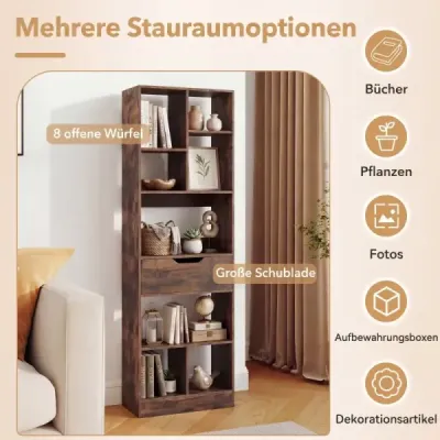 Bücherregal mit 8 Fächern & Schubladen Bücherschrank mit Rutschfesten Fußkappen Rustikalbraun