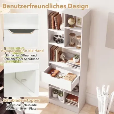 Bücherregal mit 8 Fächern & Schublade Bücherschrank mit Rutschfesten Fußkappen Weiß