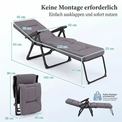 Sun lounger Garden lounger Folding cu perna de scaun gros backrest reglabile & cotiere Gri
