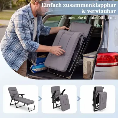 Sun lounger Garden lounger Folding cu perna de scaun gros backrest reglabile & cotiere Gri