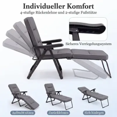 Sun lounger Garden lounger Folding cu perna de scaun gros backrest reglabile & cotiere Gri