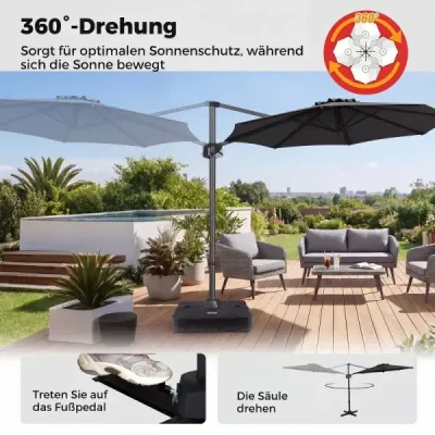 Ampelshield Ø 300 cm parasolar neigabil 360° Rotativ cu manivelă & picior pedala gri