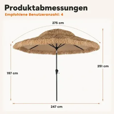Parasol Hawaii Ø 275 cm Garden Parasol 30° Tilting with Crank & 8 Stable Metal Ribs