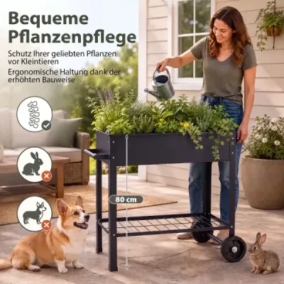 Hochbeet Metall mit 2 Rollen Gemüsebeet mit Wasserablauf Ablage & Haltegriff 88 × 37 × 80 cm Schwarz