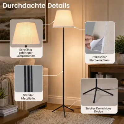 Moderne Stehlampe mit Stoffschirm E 27 Stehleuchte mit Dreifuß-metallgestell & Fußschalter