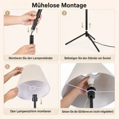 Moderne Stehlampe mit Stoffschirm E 27 Stehleuchte mit Dreifuß-metallgestell & Fußschalter