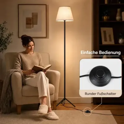 Moderne Stehlampe mit Stoffschirm E 27 Stehleuchte mit Dreifuß-metallgestell & Fußschalter