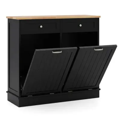 Kommode für Mülleimer mit 2 Türen & Schneidebrett & Holz-Arbeitplatte & 2 Schubladen Schwarz