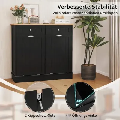 Kommode für Mülleimer mit 2 Türen & Schneidebrett & Holz-Arbeitplatte & 2 Schubladen Schwarz