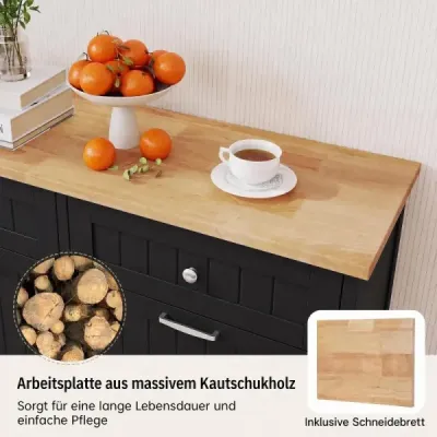 Kommode für Mülleimer mit 2 Türen & Schneidebrett & Holz-Arbeitplatte & 2 Schubladen Schwarz