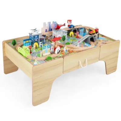 Spieltisch aus Holz 110-teiliges Kinder Eisenbahn-Set mit Integrierter Großer Schublade 107 x 63 x 40 cm