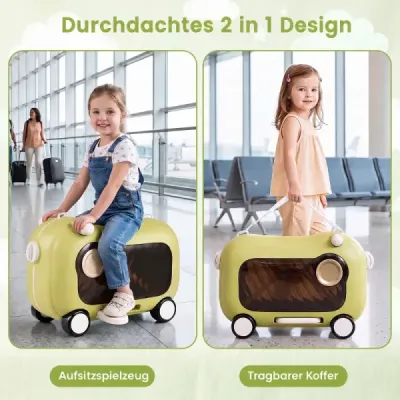 Fahrbarer Kleinkindkoffer mit Rollen Ausklappbaren Seitenpedalen & Sitz 25 kg Belastbarkeit Grün