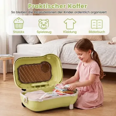 Fahrbarer Kleinkindkoffer mit Rollen Ausklappbaren Seitenpedalen & Sitz 25 kg Belastbarkeit Grün