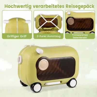 Fahrbarer Kleinkindkoffer mit Rollen Ausklappbaren Seitenpedalen & Sitz 25 kg Belastbarkeit Grün