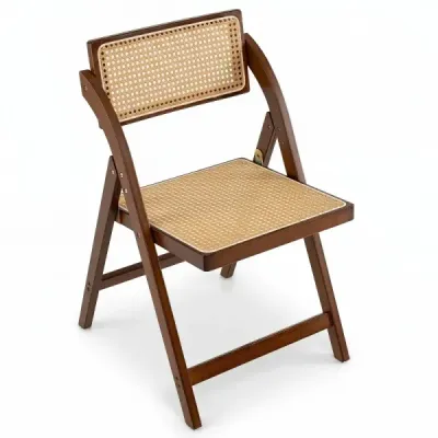 2er Set Rattan Klappstühle mit Bambusrahmen Küchenstühle im Boho-Stil 150 kg Tragkraft Walnuss