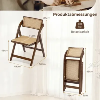 2er Set Rattan Klappstühle mit Bambusrahmen Küchenstühle im Boho-Stil 150 kg Tragkraft Walnuss