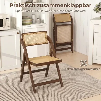 2er Set Rattan Klappstühle mit Bambusrahmen Küchenstühle im Boho-Stil 150 kg Tragkraft Walnuss